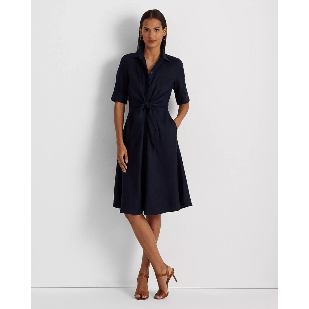 Lauren Ralph Lauren Shirt Dress Women's 10 Blue Linen Tie Waist Party RED1389